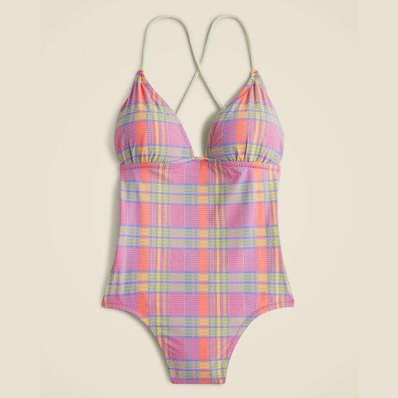 J. Crew Strappy Cross Back One Piece Swimsuit Womens Plus Size 18 Sunset Plaid - Picture 2 of 6